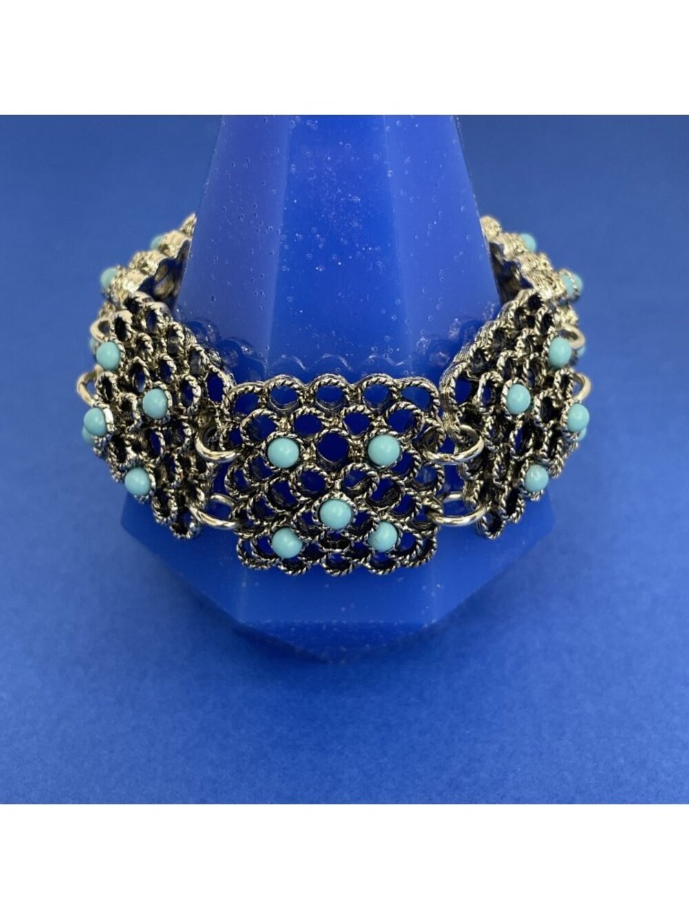 Vtg Signed Caroline Emmons Silver-Tone Blue Reverie Bracelet Linked Panel
